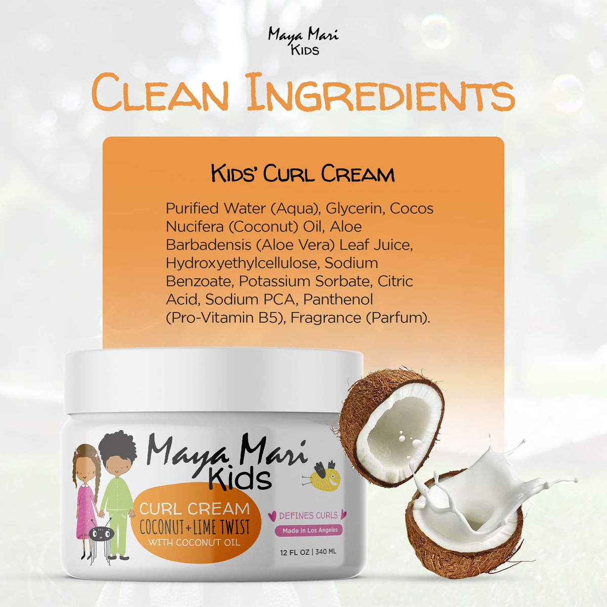 MAYA MARI label closeup showing certifications and kid‑safe clean benefits