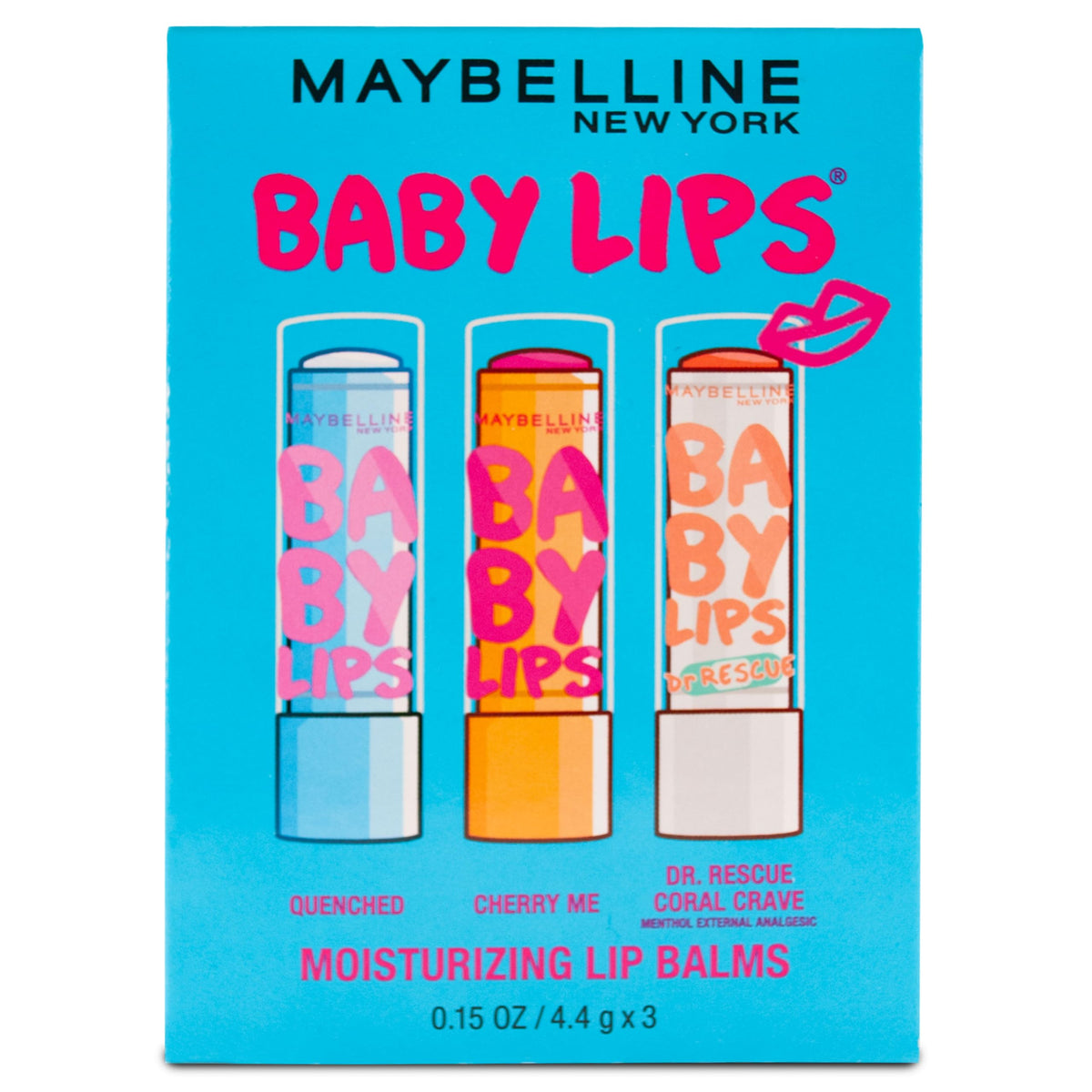 MAYBELLINE front packaging trio showing three balms and quick grab convenience