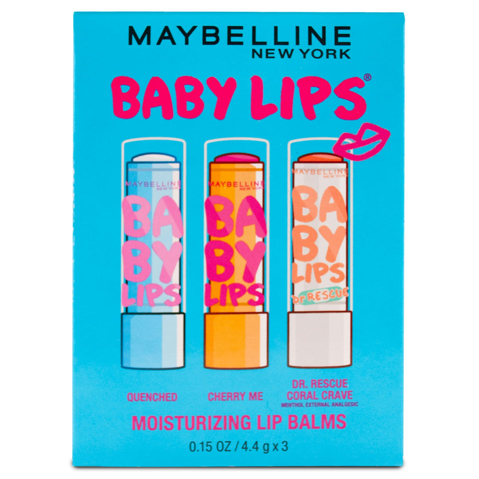 MAYBELLINE front packaging trio showing three balms and quick grab convenience