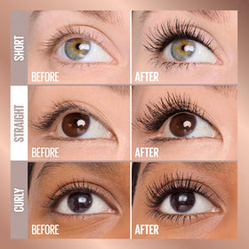 Maybelline dramatic before and after lashes showing lifted volume