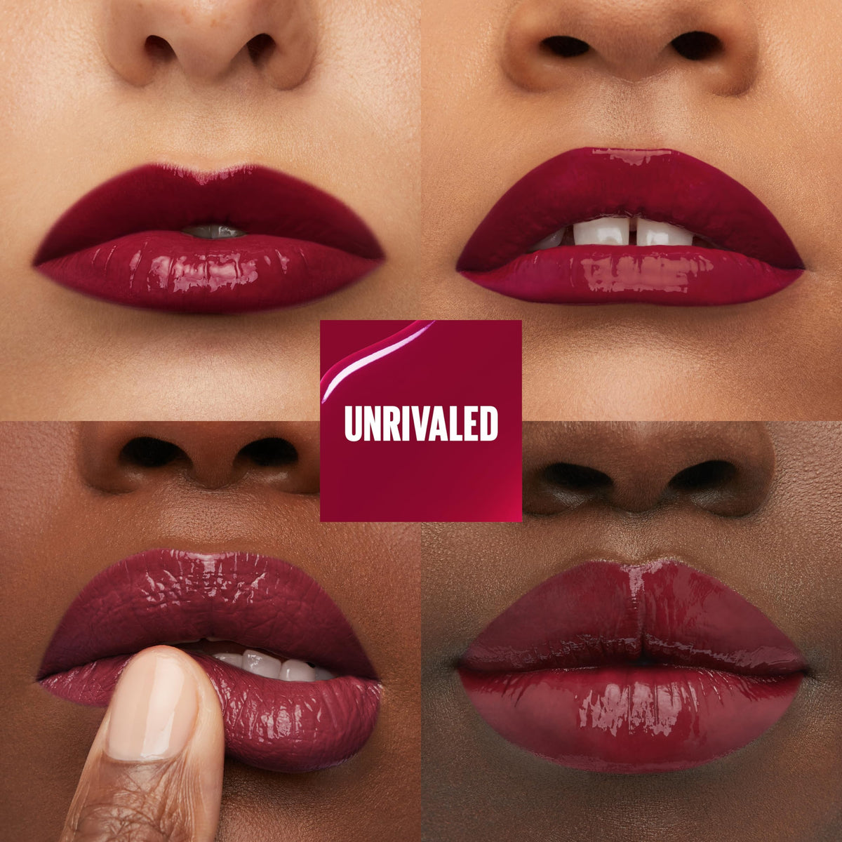 Maybelline berry burgundy swatch on lips highlighting rich pigment and lasting color