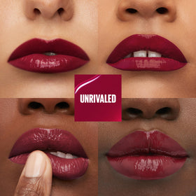 Maybelline berry burgundy swatch on lips highlighting rich pigment and lasting color