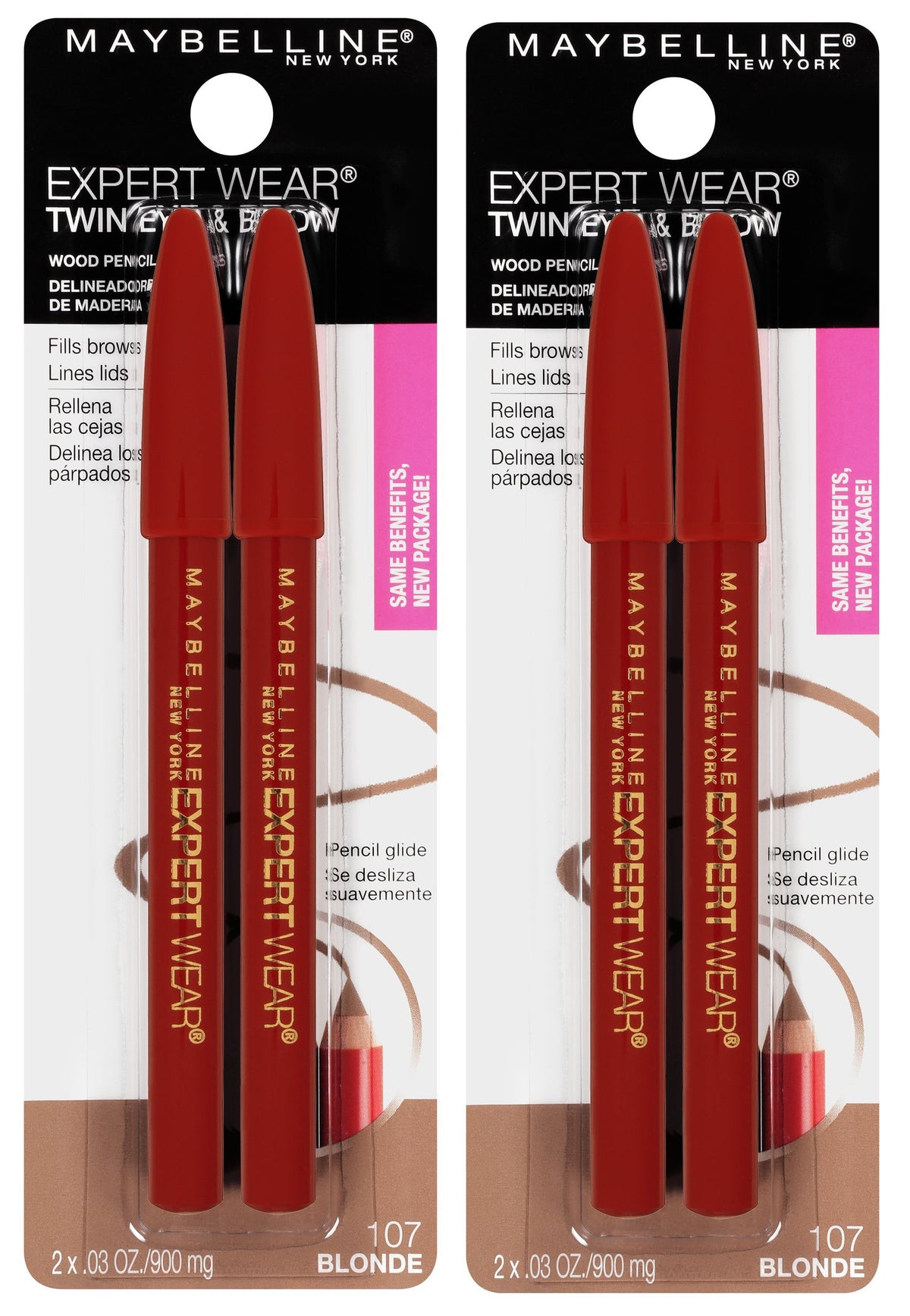 Maybelline blonde front packaging showing dual pencil benefits and compact design