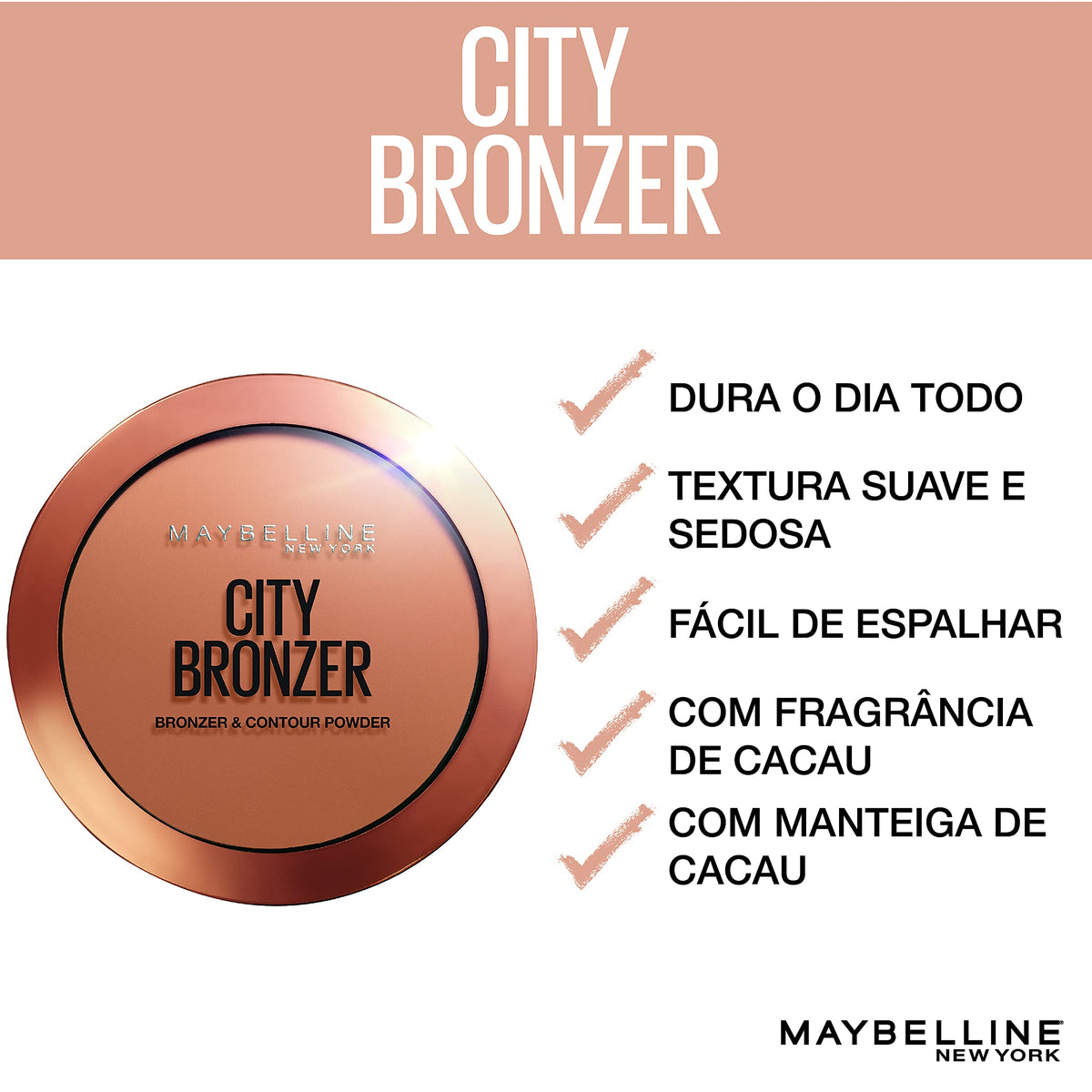 Maybelline bronzer next to hand to show compact size and travel-friendly convenience
