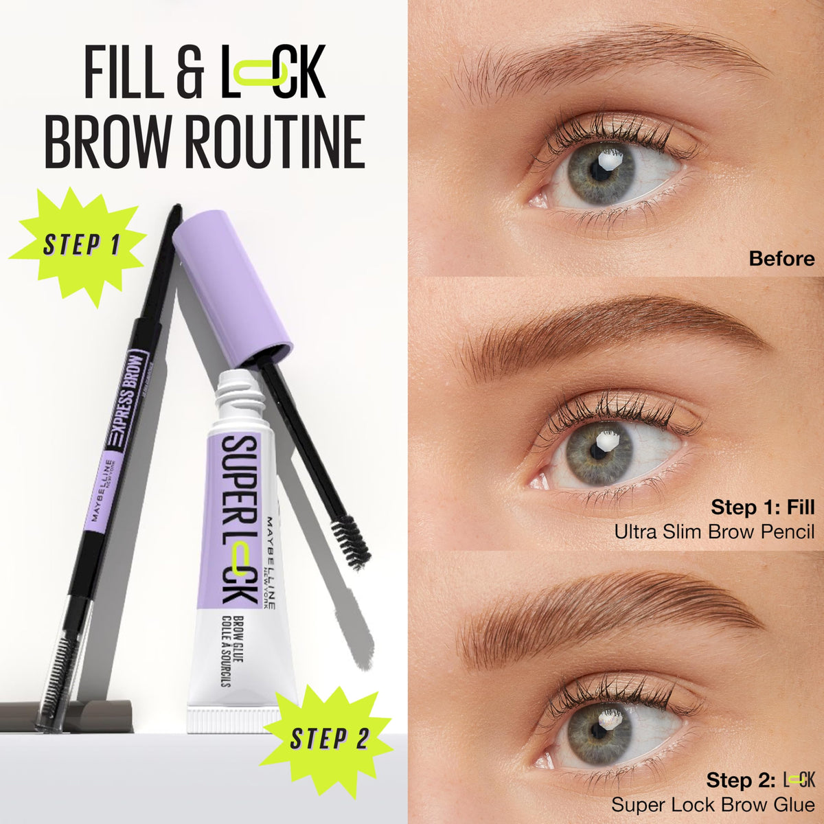 Maybelline brow glue shades lineup highlighting medium brown as a natural match