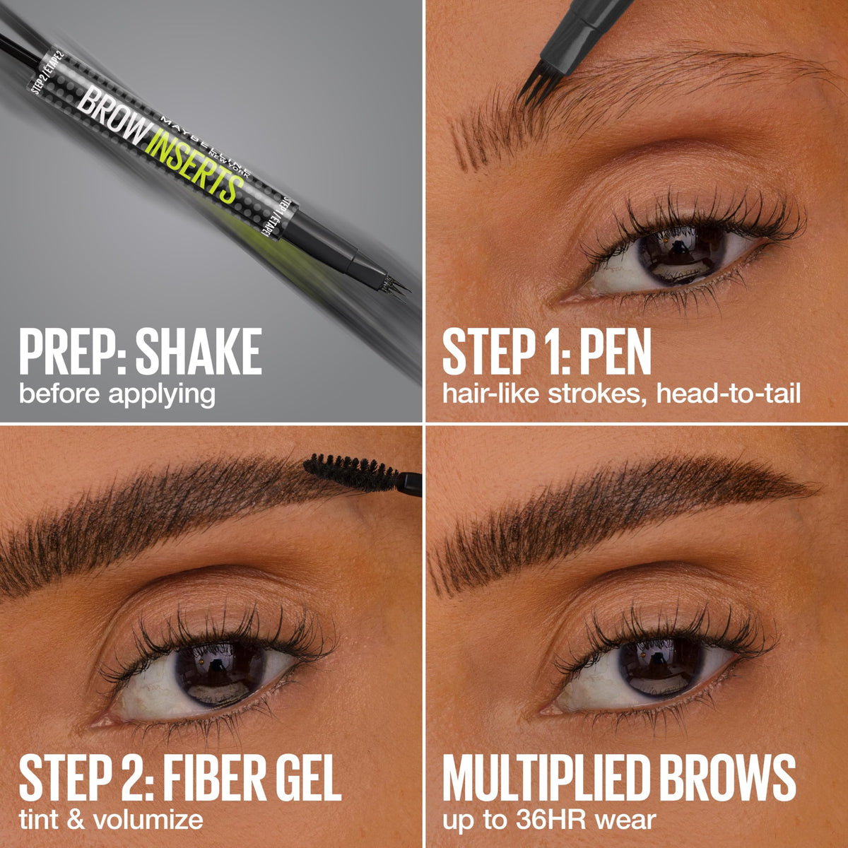 Maybelline Brow Inserts dual-ended pen in hand for easy application