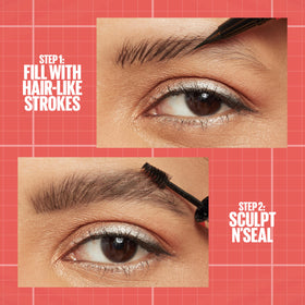 Maybelline Build-A-Brow pen tip close-up creating hairlike strokes for precise brow shaping