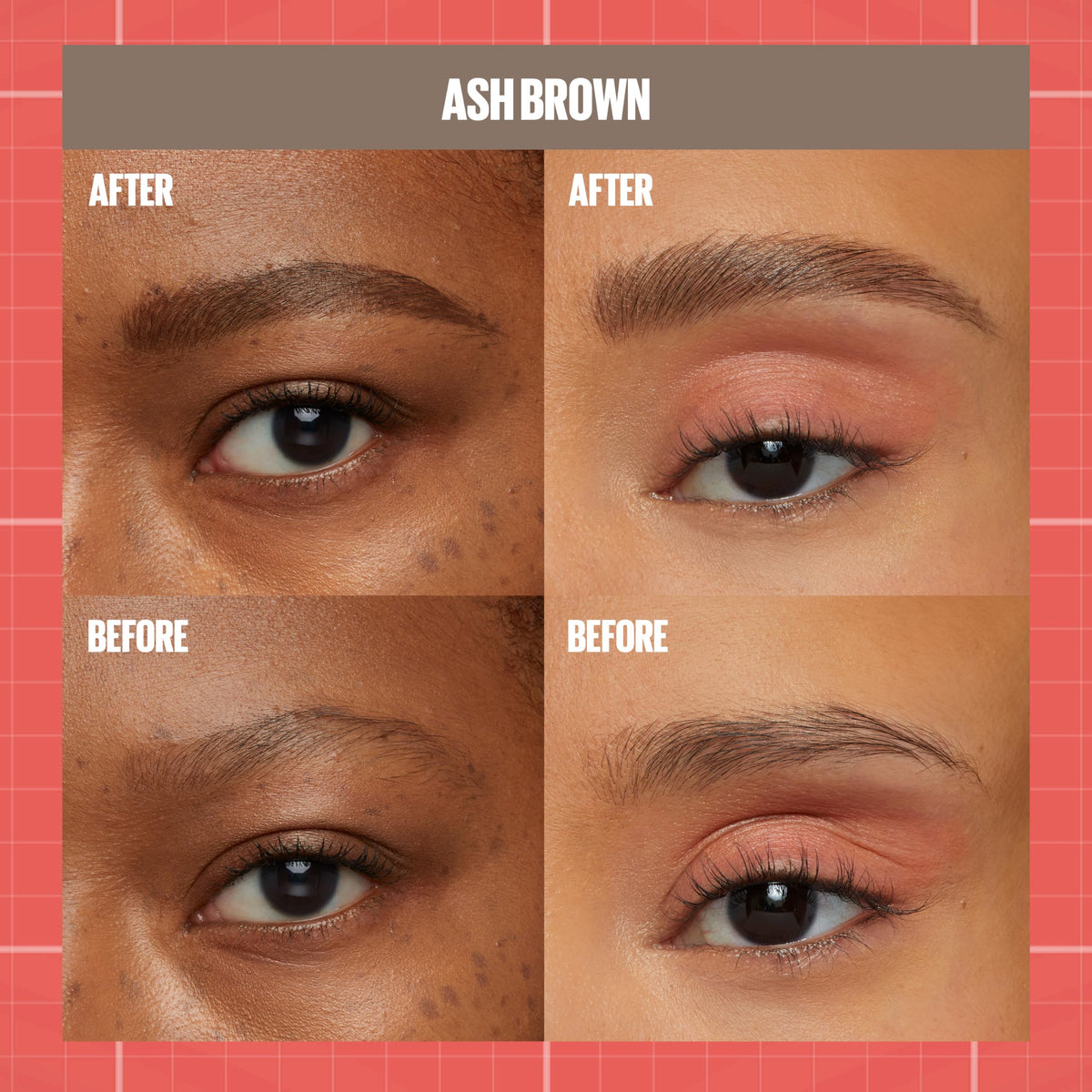 Maybelline Build-A-Brow ink swatches showing ash brown color payoff
