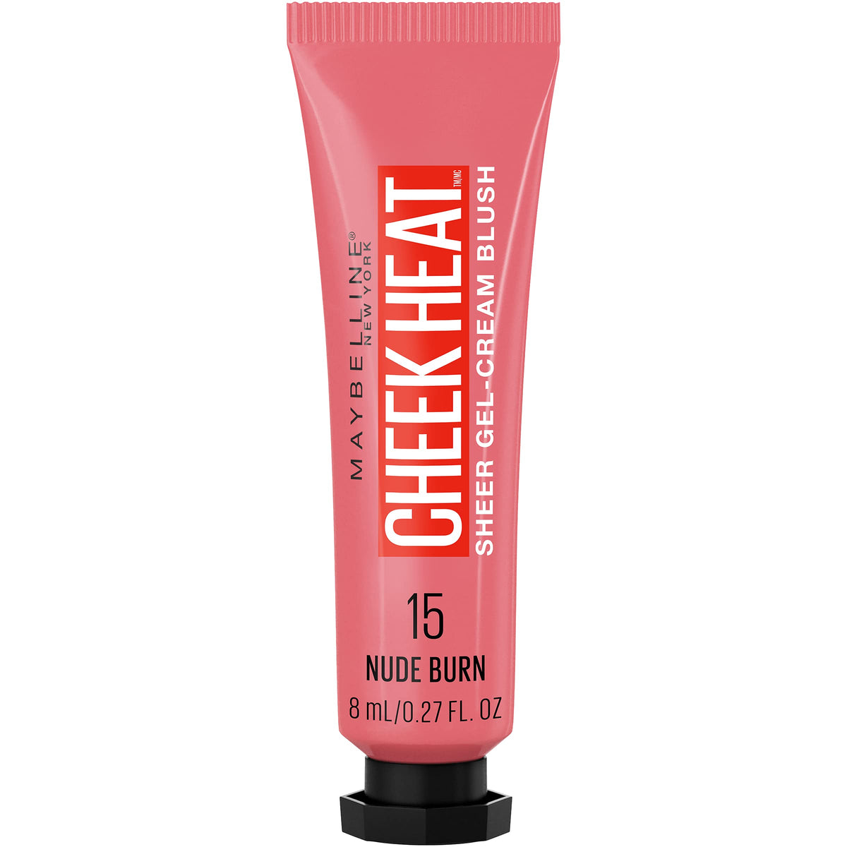 Maybelline tube front view showing Nude Burn shade and compact size benefit