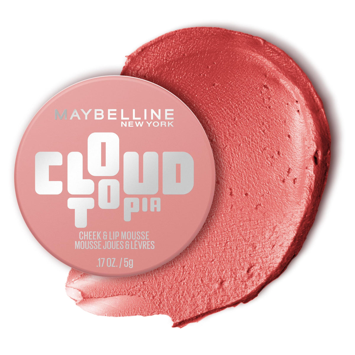 MAYBELLINE front packaging showing Cloudtopia jar and shade Dreamy Dawn benefits long-wear