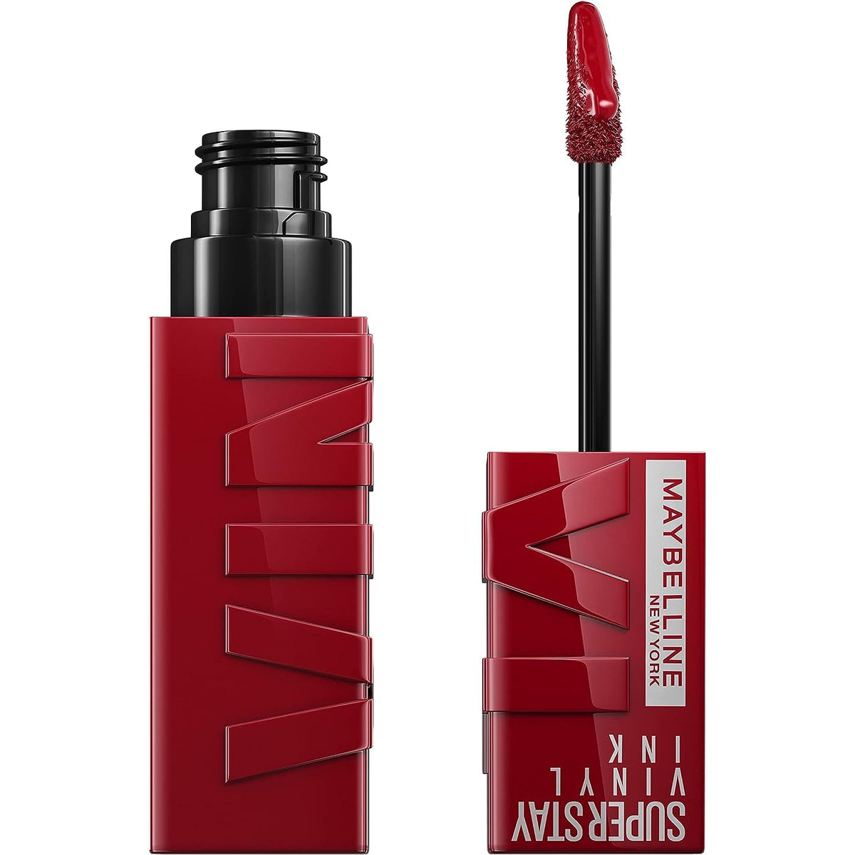 Maybelline front packaging showing Cranberry Red shade and glossy finish benefit