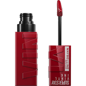Maybelline front packaging showing Cranberry Red shade and glossy finish benefit