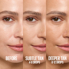 Maybelline dropper dispensing clear tanning serum showing lightweight texture benefit