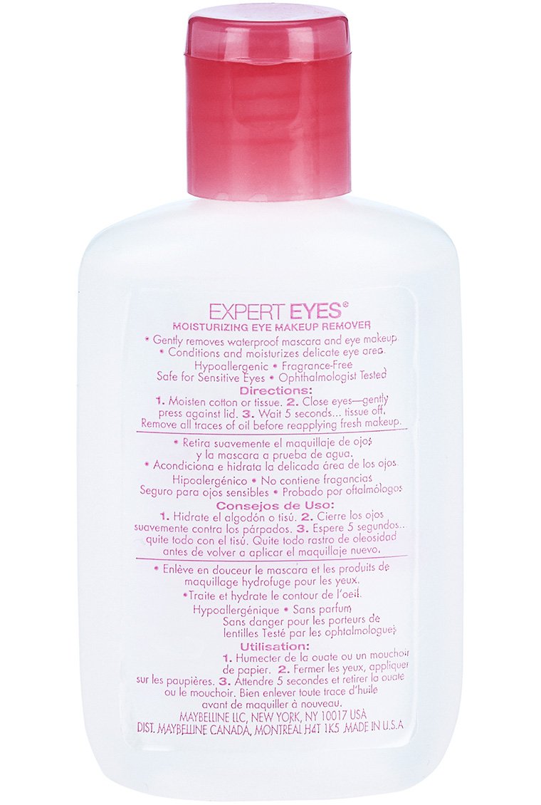 MAYBELLINE product in use on closed eyelid showing safe, effective waterproof makeup removal