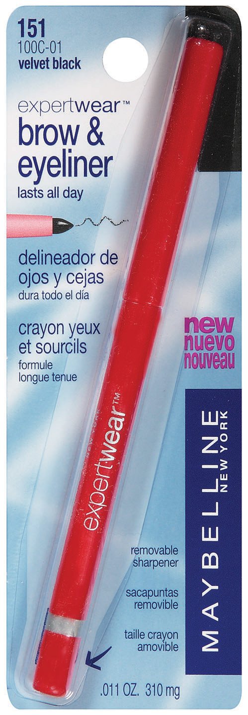 Maybelline pencil front packaging showing velvet black color and compact design benefit