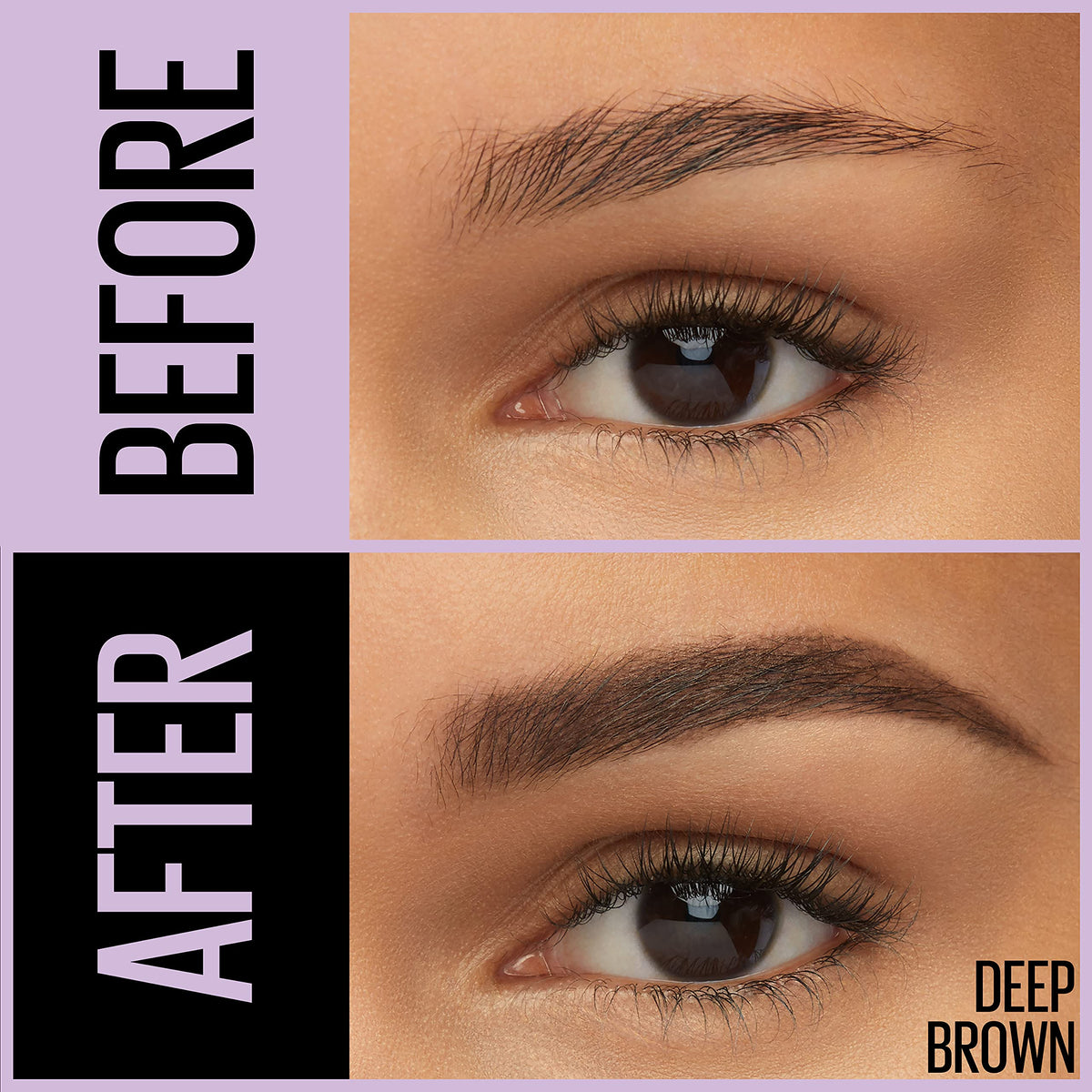 Maybelline dual-ended demo showing pencil and powder creating defined, filled brows