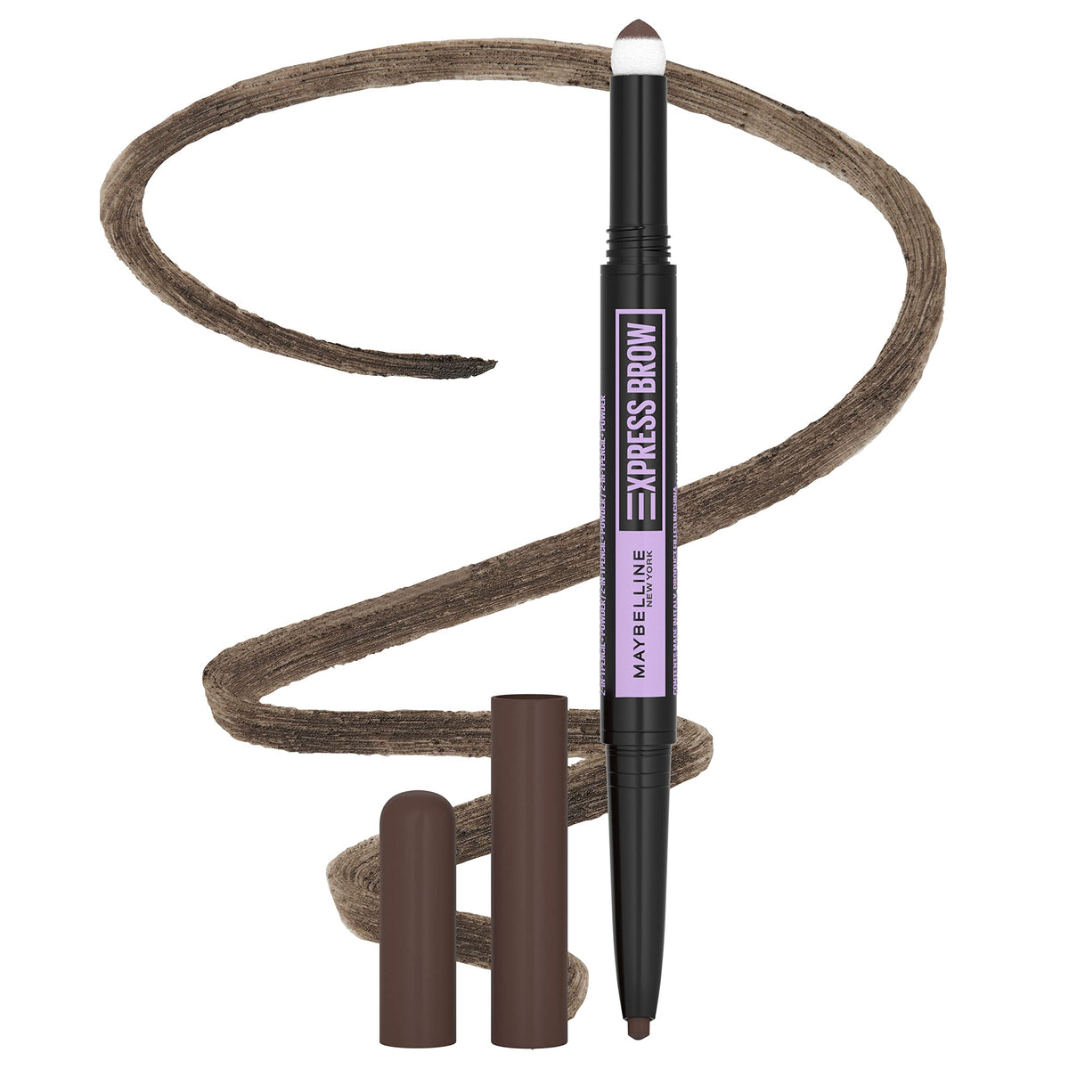 Maybelline express brow front view showing compact dual-ended tool and instant convenience