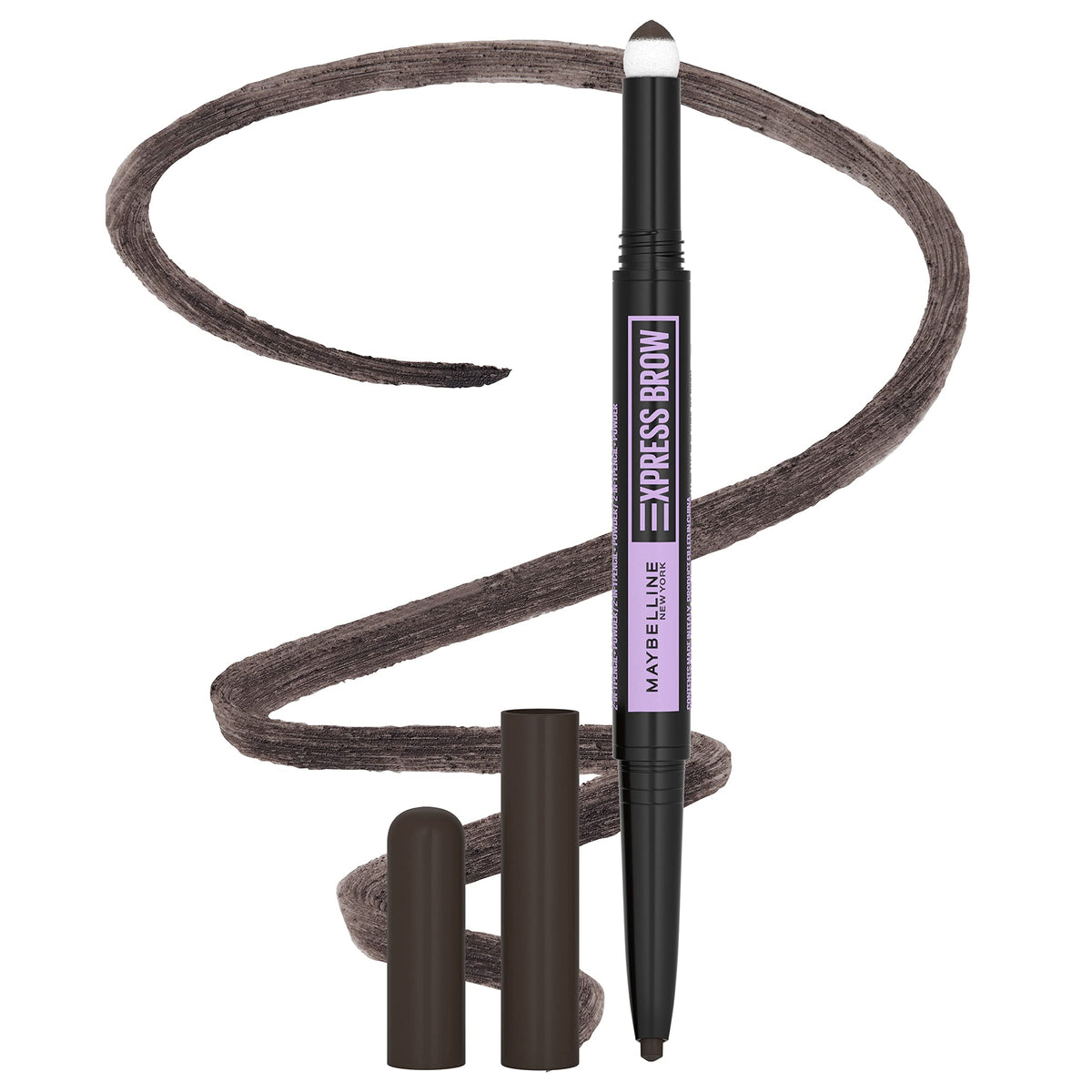Maybelline Express Brow front view showing dual-ended design and compact convenience