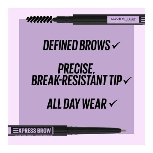 Maybelline pencil next to ruler indicates slim 1.5mm tip size for precision
