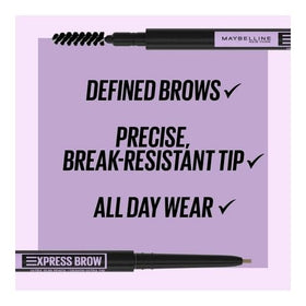 Maybelline pencil next to ruler indicates slim 1.5mm tip size for precision