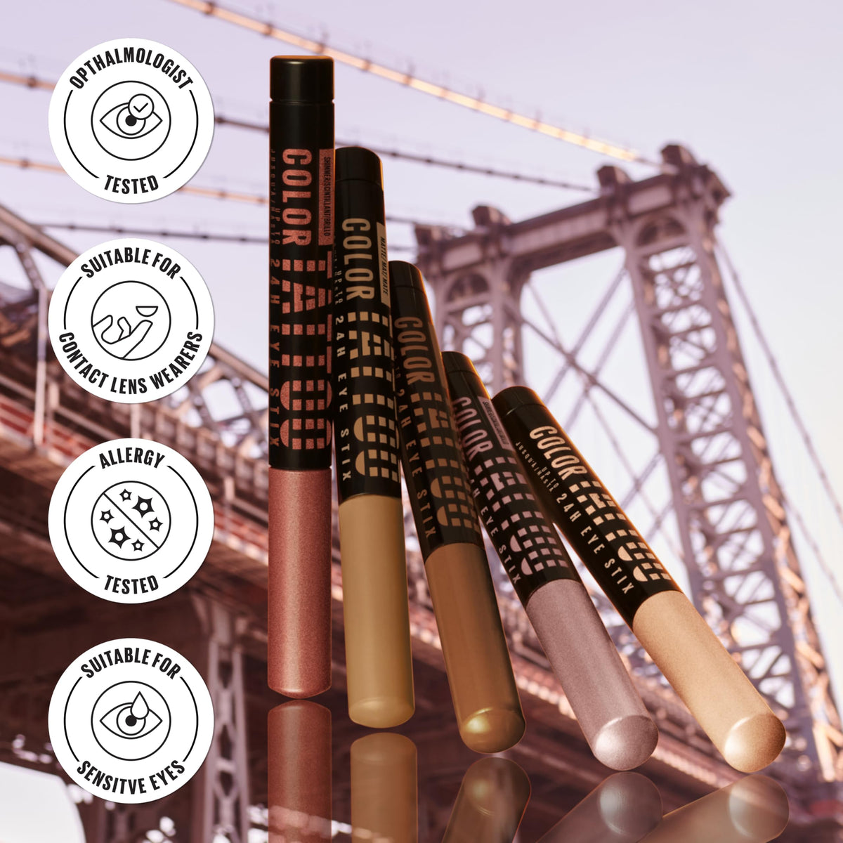 MAYBELLINE Eye Stix in a makeup bag lifestyle shot highlighting everyday convenience