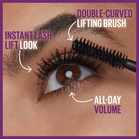 MAYBELLINE mascara tube beside coin for compact size reference