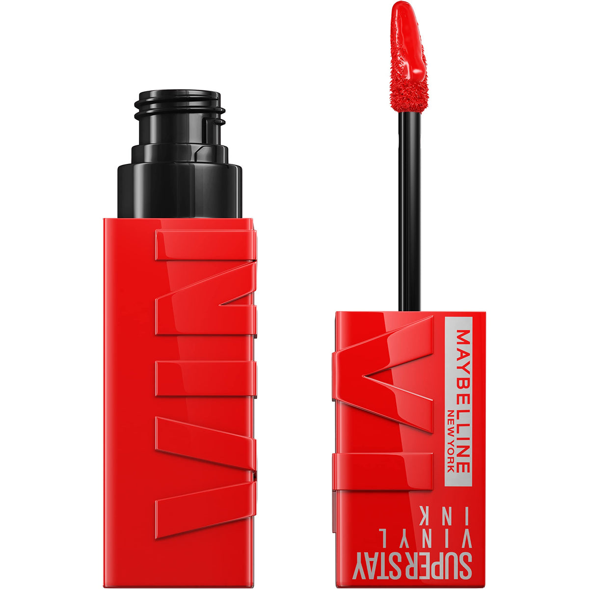 Maybelline front packaging showing fire engine red and glossy finish benefit