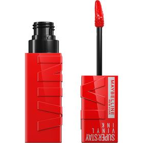 Maybelline front packaging showing fire engine red and glossy finish benefit