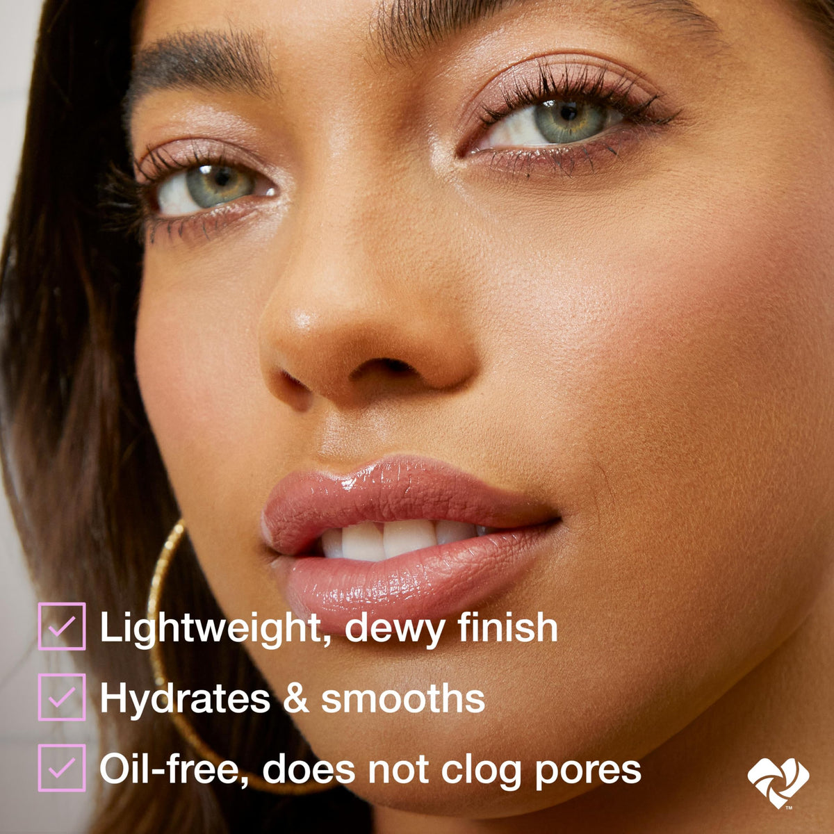 Maybelline Fit Me before and after on model face, shows texture-smoothing brightening benefit