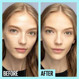 Maybelline primer before and after face comparison showing reduced shine