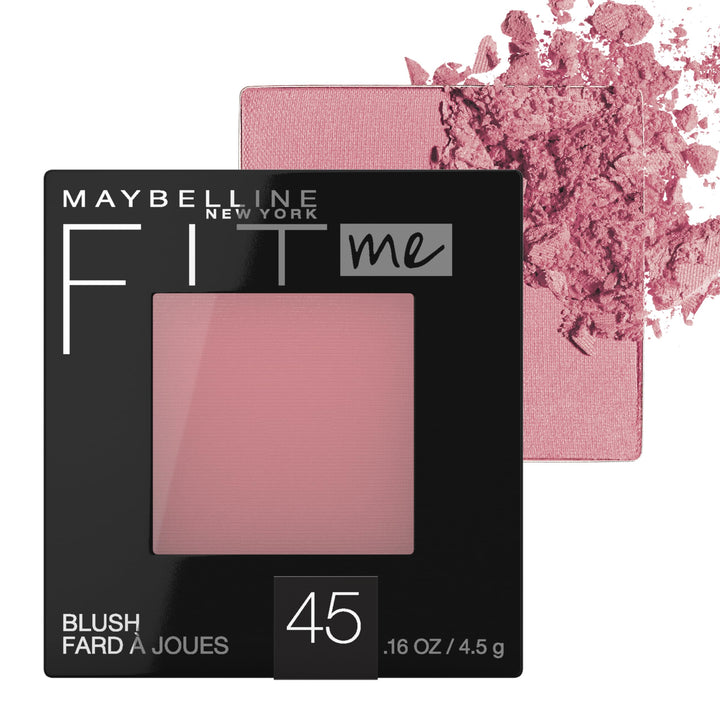 Maybelline Fit Me front compact view showing sleek case and plum shade benefit