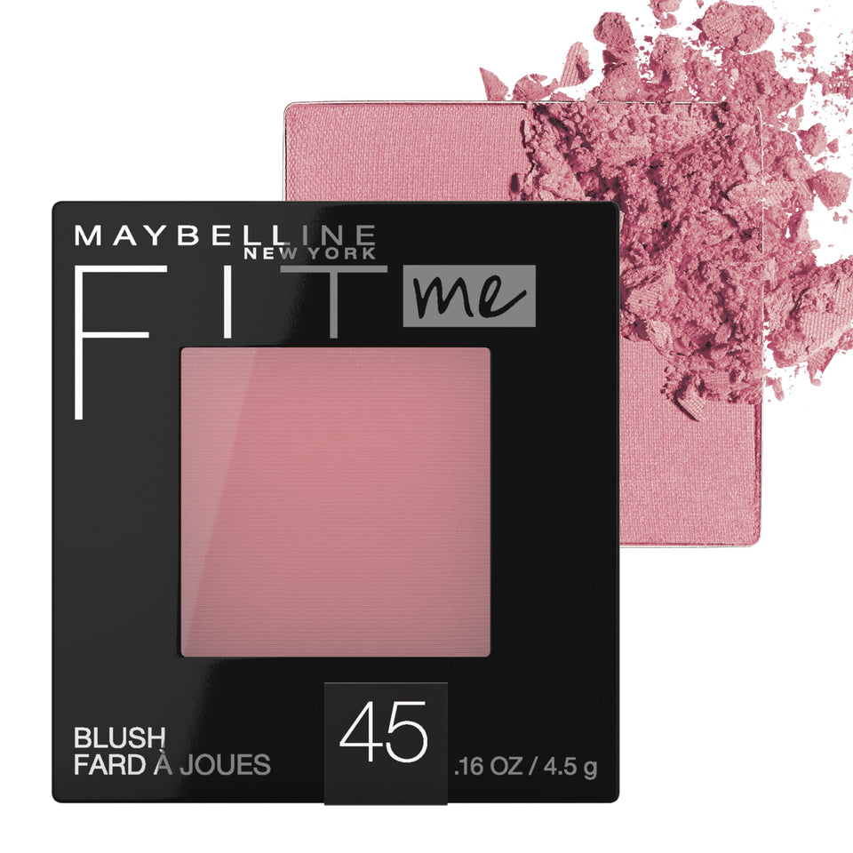 Maybelline Fit Me front compact view showing sleek case and plum shade benefit