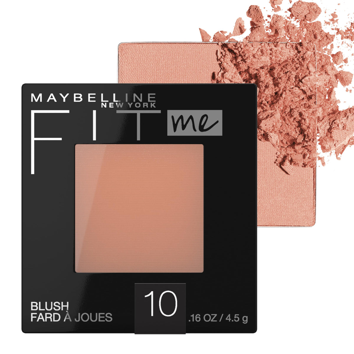 Maybelline Fit Me front packaging showing compact and Buff shade benefit easy selection
