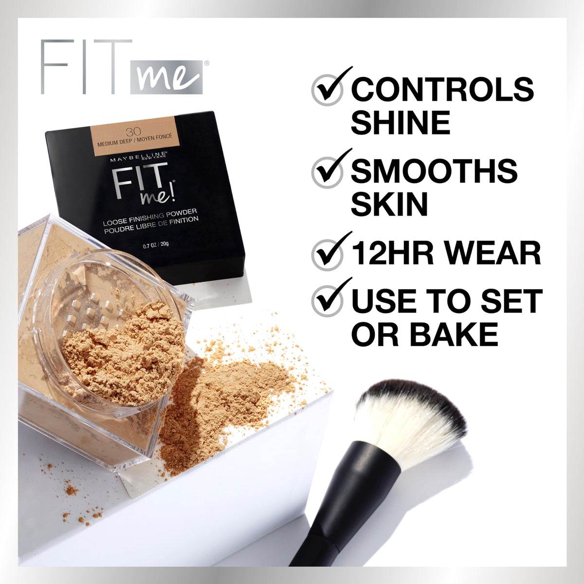 MAYBELLINE open jar with sifter visible for controlled, mess-free dispensing