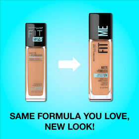 Maybelline Fit Me pump and label close-up highlighting shade and formula