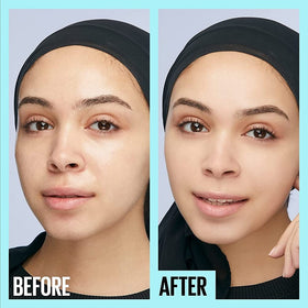 Maybelline primer next to common objects showing compact travel size