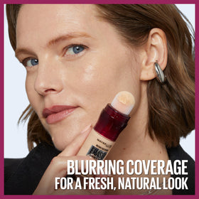 Maybelline blended half-face showing coverage and line-blurring benefit