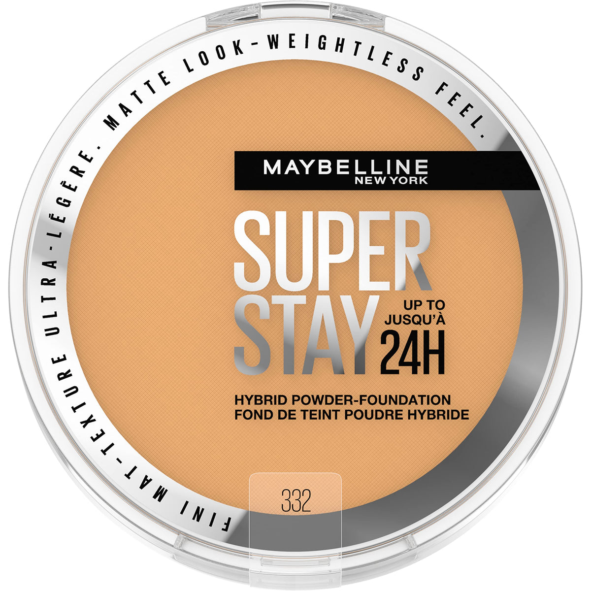 Maybelline compact front view showing shade 332 and matte benefit