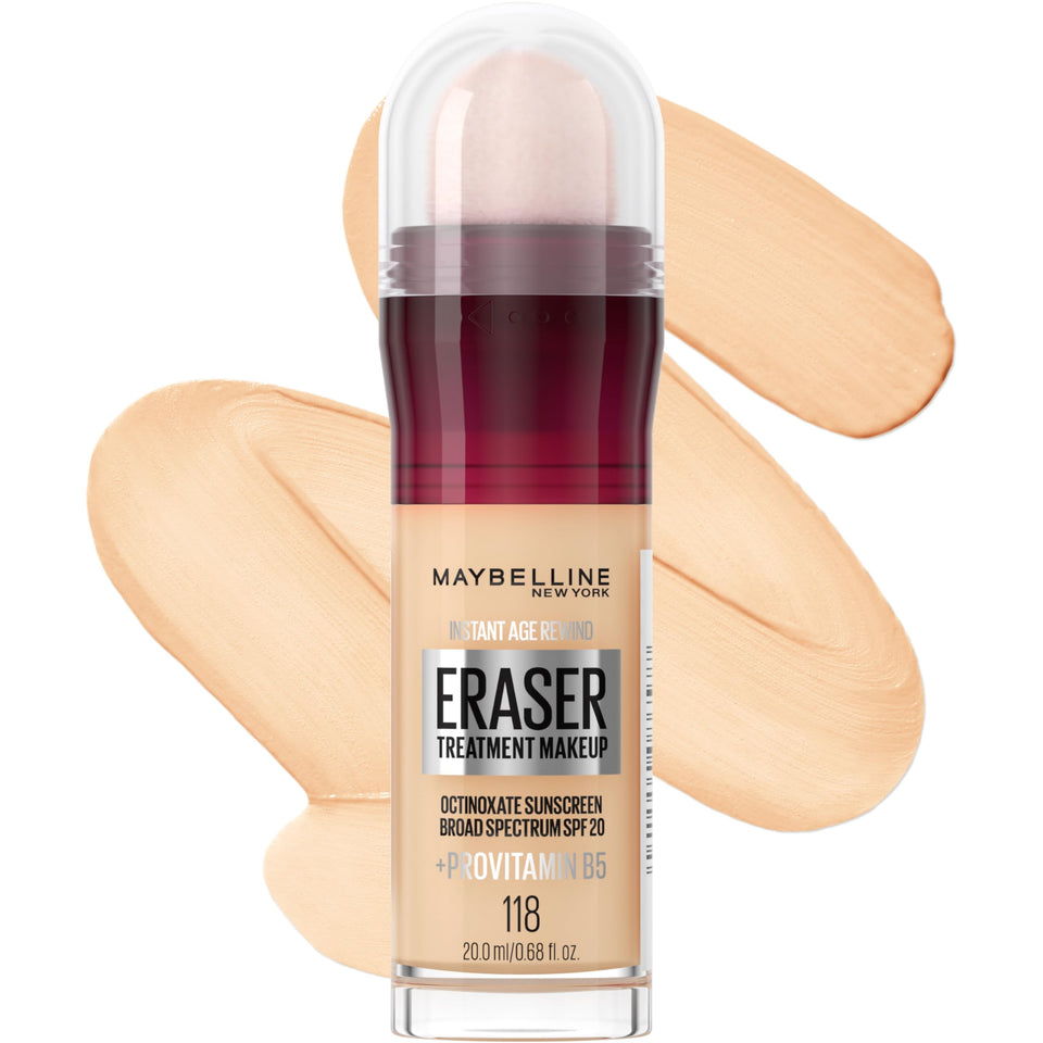 Maybelline front packaging showing Instant Age Rewind SPF 20 and shade 118 benefit: clear product identity