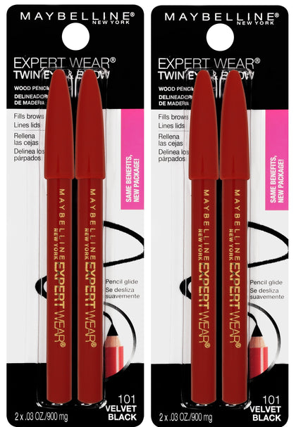 Maybelline front packaging showing Velvet Black twin pencils and benefits