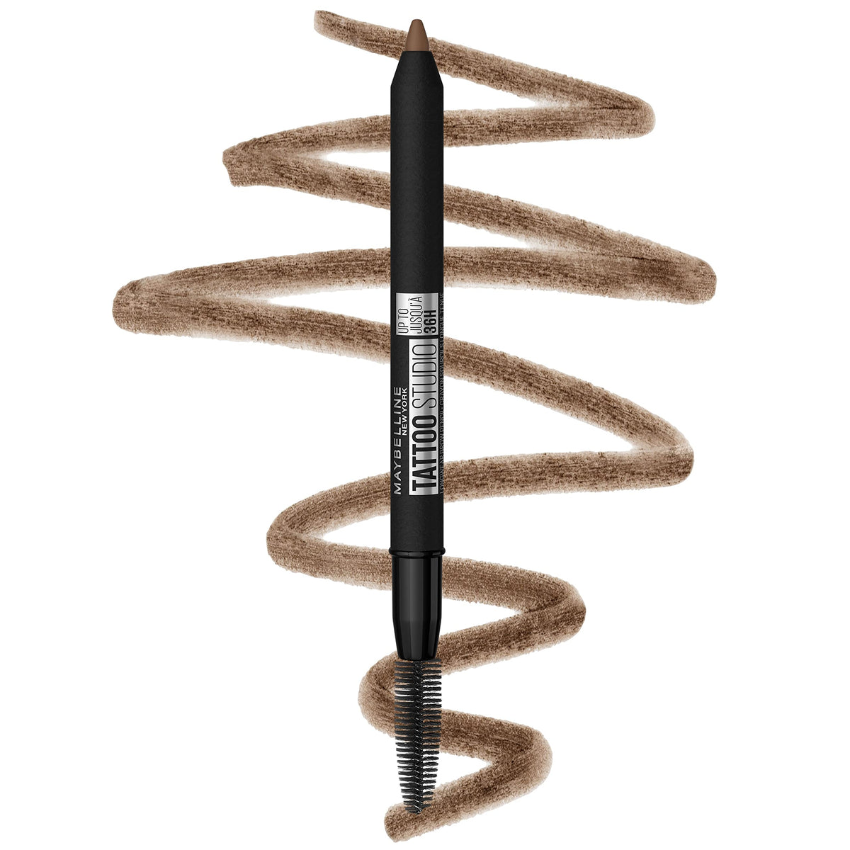 MAYBELLINE front packaging showing pencil and spoolie, clear product view and convenience