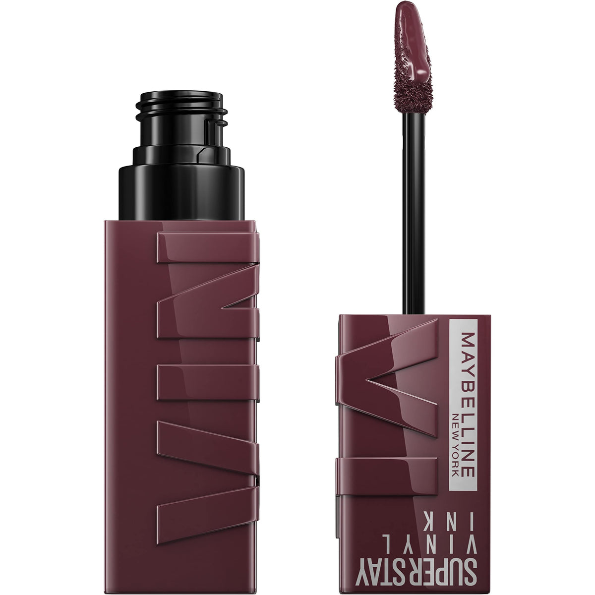 Maybelline front packaging showing glossy tube and label, highlights longwear benefit