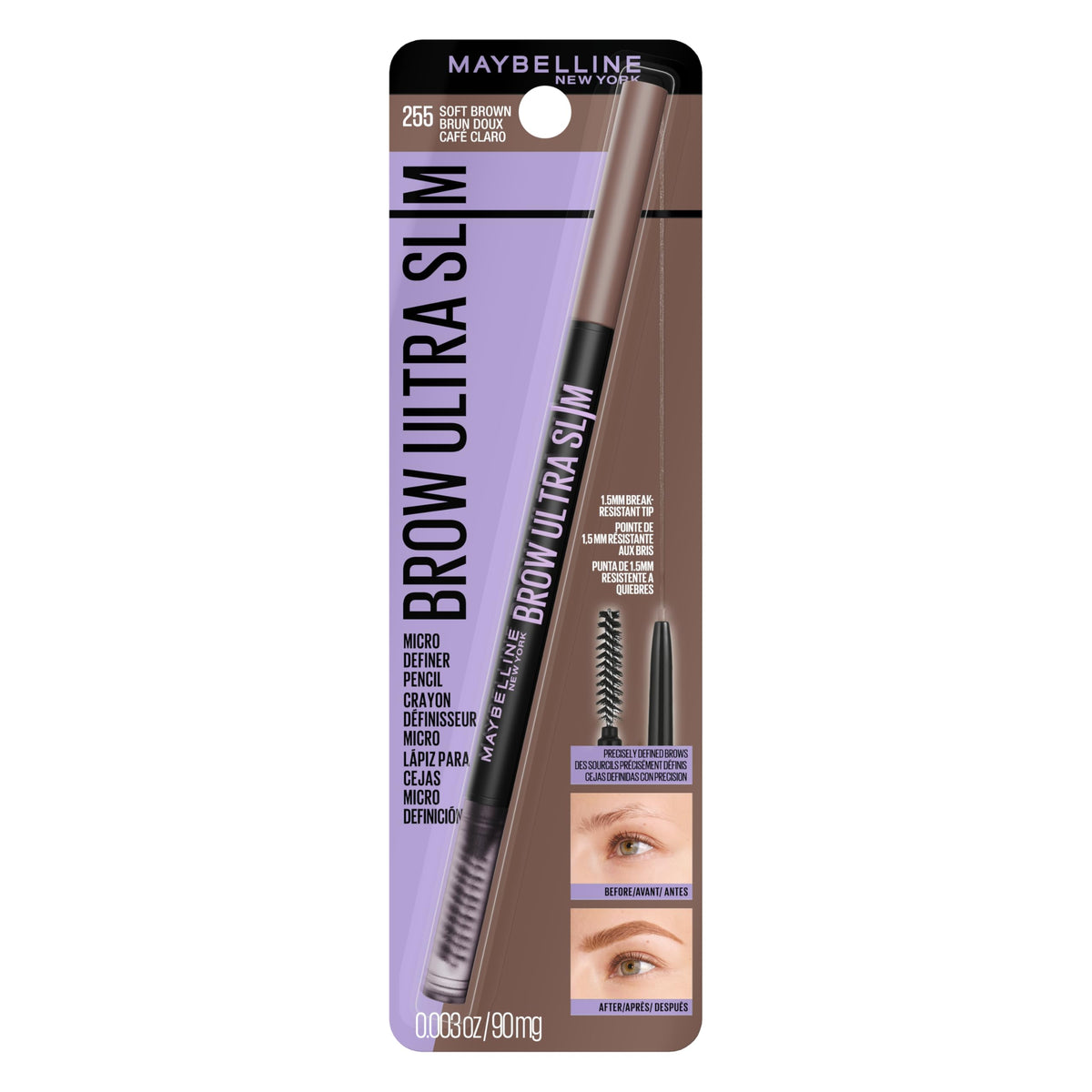 MAYBELLINE front packaging showing pencil and shade, clear product view and quick benefit