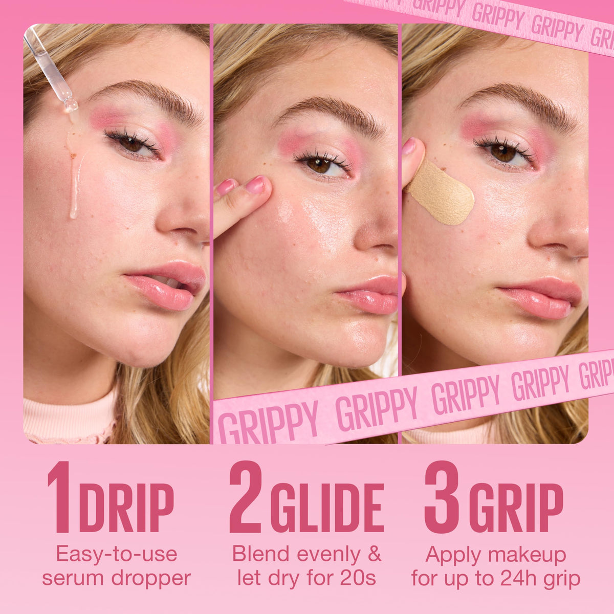 Maybelline Grippy Serum under foundation demonstrating improved makeup hold