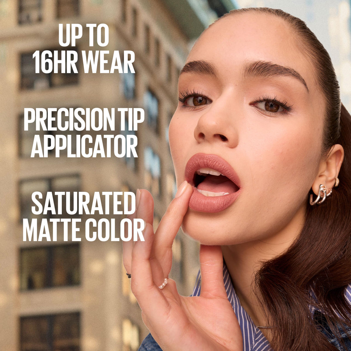 Maybelline Innovator applied on model lips delivering bold red impact benefit