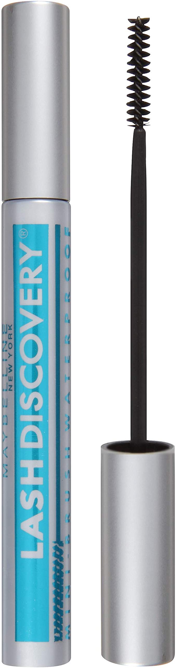 Maybelline Lash Discovery tube front view showing compact size and Very Black shade benefit