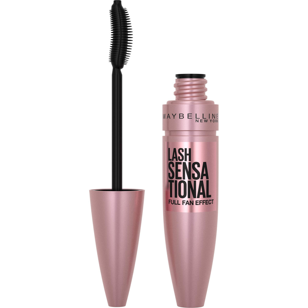 Maybelline front packaging showing mascara tube and branding, clear benefits