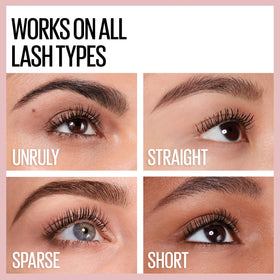 Maybelline model profile with fanned lashes showing length and volume