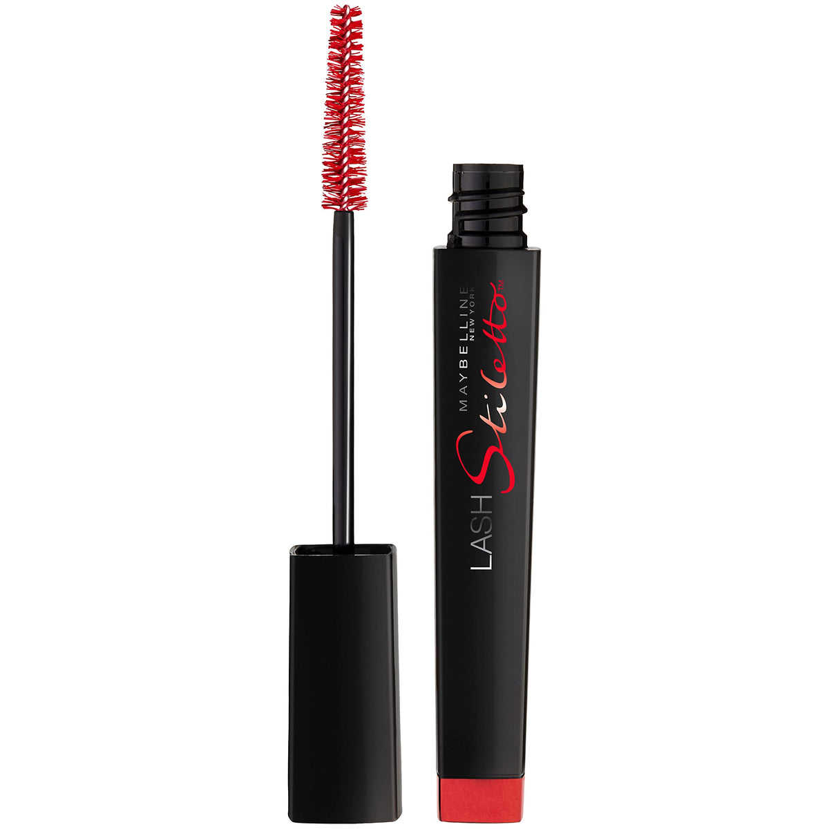 Maybelline Lash Stiletto front packaging showing very black tube and label for clear identification and shelf appeal