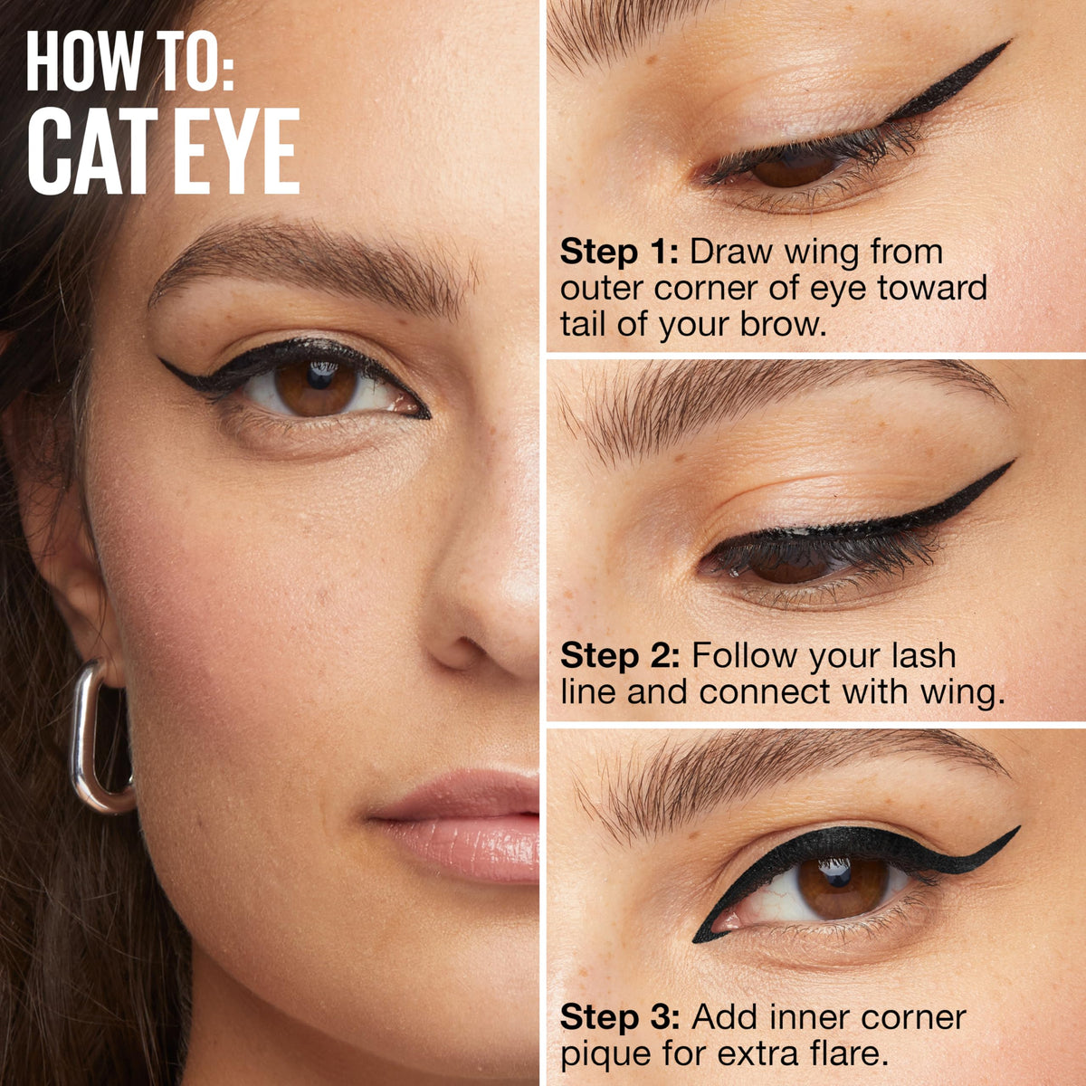 MAYBELLINE model wearing graphic white liner demonstrating creative styling